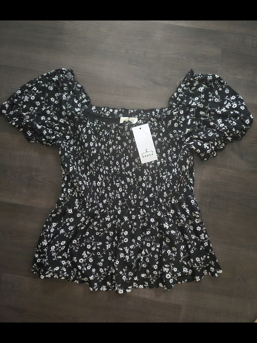 NWT EMBER Black Floral Smocked Peplum Puff Sleeve Top Size L